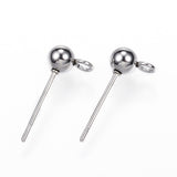 Non-Tarnish 304 Stainless Steel Ball Stud Earring Findings, with Loop, Stainless Steel Color, 15x7x4mm, Hole: 1.7mm, Pin: 0.8mm, 10pc/Set