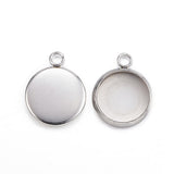 Non-Tarnish 304 Stainless Steel Pendant Cabochon Settings, Plain Edge Bezel Cups, Flat Round, Stainless Steel Color, Tray: 10mm, 15x12x2mm, Hole: 2mm, 50pc/Set