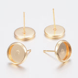 304 Stainless Steel Stud Earring Settings, Flat Round, Real 18K Gold Plated, Tray: 10mm, 12x2mm, Pin: 0.8mm, 10pc/Set