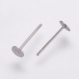 304 Stainless Steel Stud Earring Settings, Flat Pad Earring Post, Flat Round, Stainless Steel Color, Tray: 4mm, 12x4mm, Pin: 0.7mm, 100pcs/Set