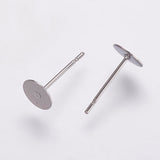 304 Stainless Steel Stud Earring Settings, Flat Pad Earring Post, Flat Round, Stainless Steel Color, Tray: 6mm, 12x6mm, Pin: 0.7mm, 100pcs/Set