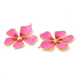 304 Stainless Steel Enamel Pendants, with Rhinestones, Real 18K Gold Plated, Flower Charm, Hot Pink, 37.5x33x3mm, Hole: 1.4mm