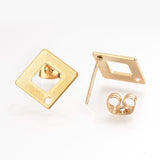 304 Stainless Steel Stud Earring Findings, for DIY Earring Making, with Loop and Ear Nuts/Earring Backs, Rhombus, Real Gold Plated, 14x14mm, Hole: 1mm, Pin: 0.8mm,, 10pc/Set
