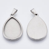 Tarnish Resistant 201 Stainless Steel Pendant Cabochon Settings, Plain Edge Bezel Cups, Teardrop, Stainless Steel Color, Tray: 25x18mm, 31.5x21x2.2mm, Hole: 3x6mm, 2pc/Set