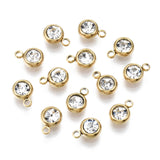 PVD Vacuum Plating 201 Stainless Steel Rhinestone Charms, Birthstone Charms, Flat Round, Real 18K Gold Plated, Crystal, 8.5x6x3mm, Hole: 1.5mm, 10pc/Set