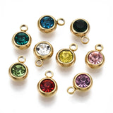 PVD Vacuum Plating 201 Stainless Steel Rhinestone Charms, Birthstone Charms, Flat Round, Real 18K Gold Plated, Mixed Color, 8.5x6x3mm, Hole: 1.5mm, 10pc/Set