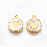 304 Stainless Steel Charms, with Shell, Flat Round with Heart, Golden, 12x10x1.5mm, Hole: 1.2mm, 2pc/Set