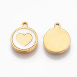 304 Stainless Steel Charms, with Shell, Flat Round with Heart, Golden, 12x10x1.5mm, Hole: 1.2mm, 2pc/Set