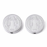 Tarnish Resistant 304 Stainless Steel Beads, Flat Round with Saint Benedict Medal, Stainless Steel Color, 14.5x3mm, Hole: 2mm