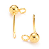 304 Stainless Steel Ball Post Stud Earring Findings, with Loop and 316 Surgical Stainless Steel Pin, Real 18k Gold Plated, 15x7x4mm, Hole: 1.8mm, Pin: 0.8mm, 20pcs/Set