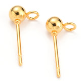 304 Stainless Steel Ball Post Stud Earring Findings, with Loop and 316 Surgical Stainless Steel Pin, Real 18k Gold Plated, 15x7x4mm, Hole: 1.8mm, Pin: 0.8mm, 20pcs/Set