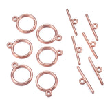 Tibetan Style Toggle Clasps, Flat Round, Cadmium Free & Nickel Free & Lead Free, Rose Gold, Flat Round: 15x2mm, Hole: 2mm, Bar: 21mm, Hole: 2mm, 20Set/Set