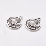 Tibetan Style Alloy Flat Round with Flower Scotland Thistle Pendants, Cadmium Free & Nickel Free & Lead Free, Antique Silver, 19x16x1mm, Hole: 2mm, 50pc/Set