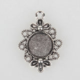 Tibetan Style Filigree Alloy Pendant Cabochon Settings, Cadmium Free & Lead Free, Antique Silver, Flat Round Tray: 12mm, 30x21x3mm, Hole: 2mm, 10pcs/Set