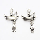 Tibetan Style Alloy Gondola Pendants, Boat & Fisherman & Fish, Cadmium Free & Lead Free, Antique Silver, 29x18x4mm, Hole: 2mm, 10pc/Set