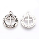 Tibetan Style Flat Round with Cross Alloy Pendants, Cadmium Free & Lead Free, Antique Silver, 20x16x1mm, Hole: 2mm, 100pc/Set