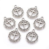 Tibetan Style Flat Round with Cross Alloy Pendants, Cadmium Free & Lead Free, Antique Silver, 20x16x1mm, Hole: 2mm, 100pc/Set