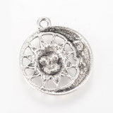 Tibetan Style Alloy Pendants, Flat Round with Sun & Moon, Cadmium Free & Lead Free, Antique Silver, 30x26.5x3mm, Hole: 2.5mm, 20pc/Set