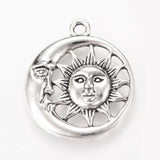 Tibetan Style Alloy Pendants, Flat Round with Sun & Moon, Cadmium Free & Lead Free, Antique Silver, 30x26.5x3mm, Hole: 2.5mm, 20pc/Set