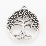 Tibetan Style Alloy Pendants, Flat Round with Tree, Cadmium Free & Lead Free, Antique Silver, 26x23x2.5mm, Hole: 2mm, 10pc/Set