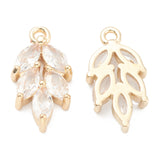 Brass Clear Cubic Zirconia Pendants, Leaf, Real 14K Gold Plated, 17.5x9x3mm, Hole: 1.2mm, 2pc/Set