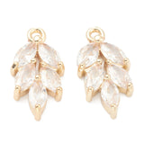 Brass Clear Cubic Zirconia Pendants, Leaf, Real 14K Gold Plated, 17.5x9x3mm, Hole: 1.2mm, 2pc/Set