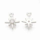 Brass Cubic Zirconia Charms, Star, Nickel Free, Real Platinum Plated, 10.5x8.5x2mm, Hole: 1mm, 5pc/Set