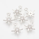 Brass Cubic Zirconia Charms, Star, Nickel Free, Real Platinum Plated, 10.5x8.5x2mm, Hole: 1mm, 5pc/Set