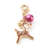 Christmas Theme Light Gold Alloy Enamel Pendants, with Lobster Claw Clasps and Bell Charms, Christmas Gift & Candy Cane & Santa Claus & Deer & Tree, Mixed Color, 27~36mm, 20pc/Set