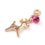 Christmas Theme Light Gold Alloy Enamel Pendants, with Lobster Claw Clasps and Bell Charms, Christmas Gift & Candy Cane & Santa Claus & Deer & Tree, Mixed Color, 27~36mm, 20pc/Set