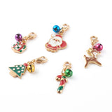 Christmas Theme Light Gold Alloy Enamel Pendants, with Lobster Claw Clasps and Bell Charms, Christmas Gift & Candy Cane & Santa Claus & Deer & Tree, Mixed Color, 27~36mm, 20pc/Set