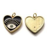 Brass Micro Pave Cubic Zirconia Pendants, with Enamel and Jump Rings, Heart with Eye, Black, Real 18K Gold Plated, 18x19x2.4mm, Hole: 3.2mm, 5pc/Set