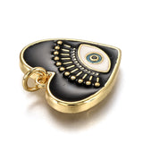 Brass Micro Pave Cubic Zirconia Pendants, with Enamel and Jump Rings, Heart with Eye, Black, Real 18K Gold Plated, 18x19x2.4mm, Hole: 3.2mm, 5pc/Set