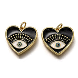 Brass Micro Pave Cubic Zirconia Pendants, with Enamel and Jump Rings, Heart with Eye, Black, Real 18K Gold Plated, 18x19x2.4mm, Hole: 3.2mm, 5pc/Set