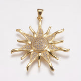 Brass Micro Pave Cubic Zirconia Pendants, Sun, Golden, 36x34x5.5mm, Hole: 3.5x4mm, 5pc/Set