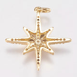 Brass Micro Pave Cubic Zirconia Pendants, Star, Real 18K Gold Plated, 25x23x3mm, Hole: 3mm, 5pc/Set