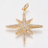 Brass Micro Pave Cubic Zirconia Pendants, Star, Real 18K Gold Plated, 25x23x3mm, Hole: 3mm, 5pc/Set