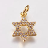 Brass Micro Pave Cubic Zirconia Charms, for Jewish, Star of David, Golden, 13.5x10x2mm, Hole: 3mm, 5pc/Set