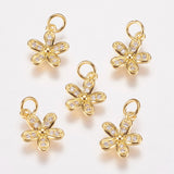 Brass Micro Pave Cubic Zirconia Charms, Flower, Golden, 15x10x2mm, Hole: 3mm