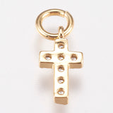 Brass Micro Pave Cubic Zirconia Tiny Cross Charms, Golden, 9x5x1.5mm, Hole: 2mm, 20pc/Set