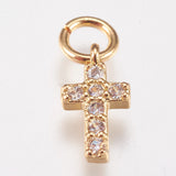 Brass Micro Pave Cubic Zirconia Tiny Cross Charms, Golden, 9x5x1.5mm, Hole: 2mm, 20pc/Set