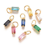 Brass Micro Pave Cubic Zirconia Charms, Birthstone Charms, Long-Lasting Plated, with Jump Ring, Real 18K Gold Plated, Rectangle, Mixed Color, 10x3x3mm, Hole: 3mm, 20pc/Set