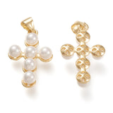 Shell Pearl Pendants, with Brass Findings, Cross, Real 18K Gold Plated, 22x14.5x5mm, Hole: 3.5x5mm, 5pc/Set