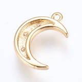 Brass Charms, with Cubic Zirconia, Moon, Golden, 16x10x2mm, Hole: 1.2~1.5mm, 10pc/Set