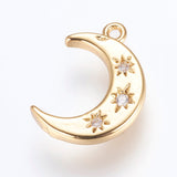 Brass Charms, with Cubic Zirconia, Moon, Golden, 16x10x2mm, Hole: 1.2~1.5mm, 10pc/Set