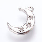 Brass Charms, with Cubic Zirconia, Moon, Platinum, 16x10x2mm, Hole: 1.2~1.5mm, 10pc/Set