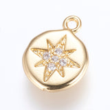 Brass Charms, with Cubic Zirconia, Flat Round with Star, Golden, 13x9.5x2mm, Hole: 1mm, 10pc/Set