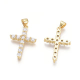 Brass Micro Pave Clear Cubic Zirconia Pendants, Cross, Golden, 26.5x17.5x3.5mm, Hole: 3.5x4.5mm, 5pcs/Set