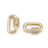 Brass Micro Pave Cubic Zirconia Screw Carabiner Lock Charms, for Necklaces Making, Long-Lasting Plated, Oval, Clear, Real 18K Gold Plated, 17.1x10.5x2mm, 5pc/Set