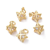 Hollow Brass Charms, with Clear Cubic Zirconia, Long-Lasting Plated, Real 18K Gold Plated, Merkaba Star, 12.1x8.5x8.5mm, Hole: 3.1mm, 10pc/Set